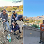 Two photos at a desert resort: group examining an agave with equipment; man standing on terrace with mountain view.