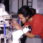 Researcher in a red shirt adjusts tubing on a microscope setup inside a laboratory filled with scientific instruments.