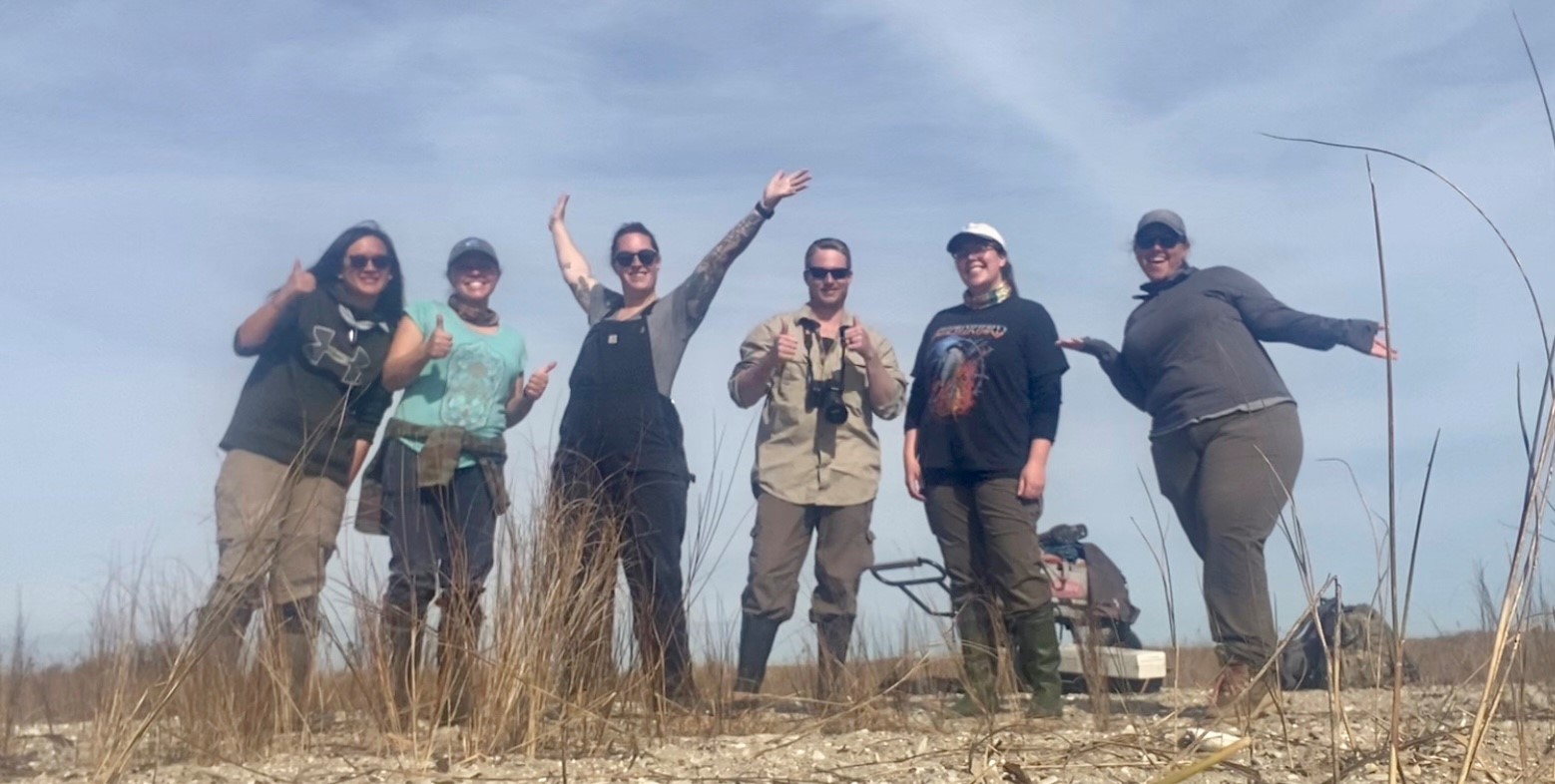 Six researchers posing for the camera in a salt marsh
