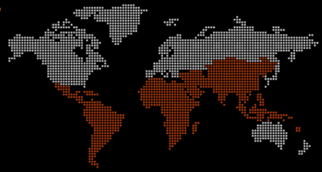 Map of the world with Global South countries highlighted in red