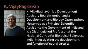 K. VijayRaghavan - K. VijayRaghavan is a Development Advisory Board member and a Development and Biology Open author. He serves as a Principal Scientific Advisor to the Government of India and is a Distinguished Professor at the National Centre for Biological Sciences, India, investigating the development and function of neural circuits.