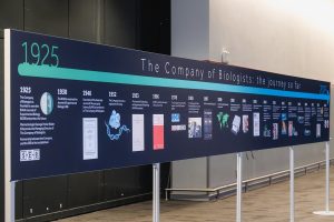A timeline display titled The Company of Biologists: the journey so far shows key events and publications from 1925 to 2025, with images and text on a long board mounted on silver stands.